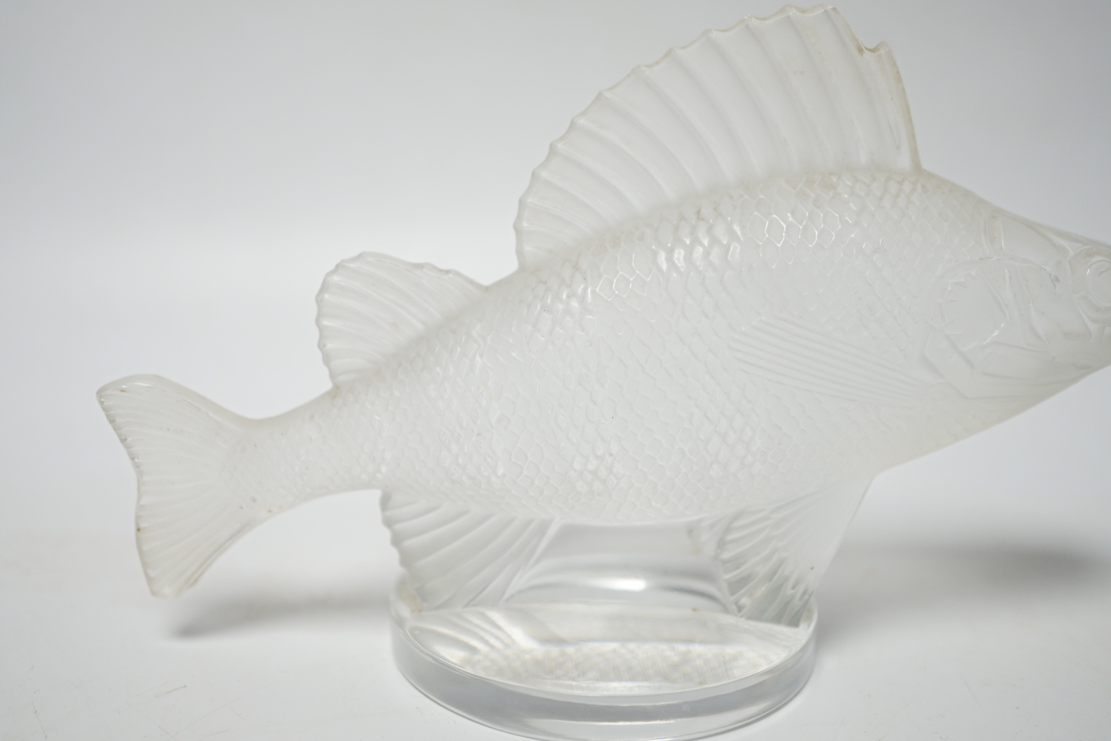 Rene Lalique, a frosted glass paperweight modelled as a fish, signed ‘Lalique France’ to base, 16cm wide